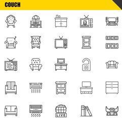 couch vector line icons set. armchair, sofa and television Icons. Thin line design. Modern outline graphic elements, simple stroke symbols stock illustration