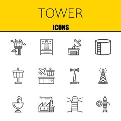 tower vector line icons set. control tower, lighthouse and satellite dish Icons. Thin line design. Modern outline graphic elements, simple stroke symbols stock illustration