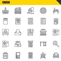 check vector line icons set. basket, clipboard and hotel Icons. Thin line design. Modern outline graphic elements, simple stroke symbols stock illustration