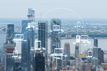 Aerial panoramic city view of West Side Manhattan and Hudson Yards district at day time, NYC, USA. Social media hologram. Concept of networking and establishing new people connections - obrazy, fototapety, plakaty