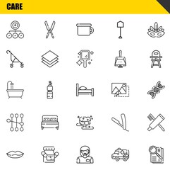 care vector line icons set. task, lips and bathtub Icons. Thin line design. Modern outline graphic elements, simple stroke symbols stock illustration