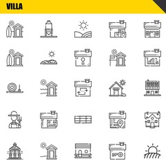 villa vector line icons set. cabin, veranda and straw bale Icons. Thin line design. Modern outline graphic elements, simple stroke symbols stock illustration
