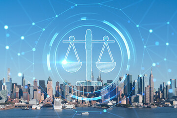 Plakat New York City skyline from New Jersey over the Hudson River towards Midtown Manhattan at day time. Glowing hologram legal icons. The concept of law, order, regulations and digital justice
