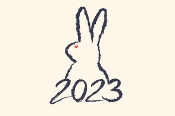 Vector caligraphy of 2023 and bunny like symbol new year. New year 2023. Hand drawing lettering with rabbit
