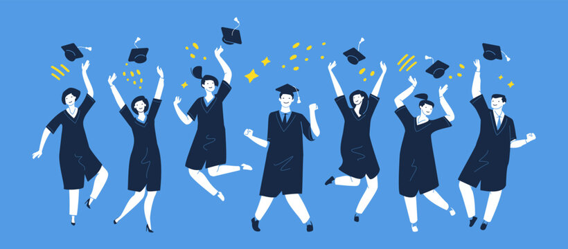 Graduation day. Group of multiracial graduates or students throwing graduation hats in the air celebrating. Vector