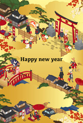 和風な街並みとうさぎの2023年の年賀状テンプレート(ベクターイラスト,art,holiday,asia,asian,card,japanese,celebration,greeting,postcard,new year)