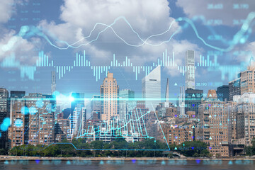 Fototapeta na wymiar New York City skyline from Roosevelt Island over East River towards skyscrapers of Midtown Manhattan, day time. Forex candlestick graph hologram. The concept of internet trading, brokerage, analysis