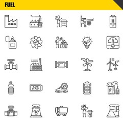 fuel vector line icons set. factory, valve and pipe Icons. Thin line design. Modern outline graphic elements, simple stroke symbols stock illustration
