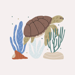 Marine print with a turtle isolated on a white background. Vector children's illustration.