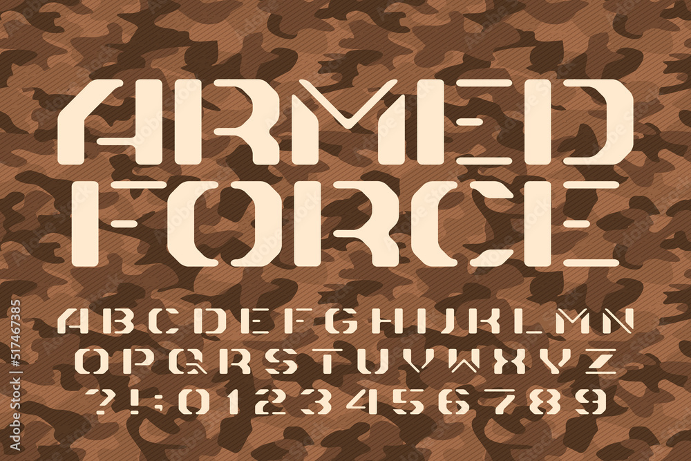 Fototapete armed force alphabet font. stencil letters and numbers on a camo background. vector typeface for you