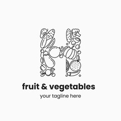 Letter H made of fruit and vegetables. Organic food logo concept. Stock vector illustration.