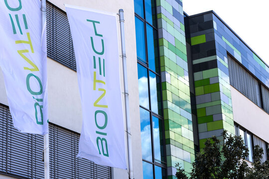 mainz,Rhineland-Palatinate /germany - 16 07 2022: the biontech company building and flags in mainz germany