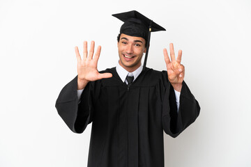 Young university graduate over isolated white background counting eight with fingers