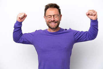 Fototapeta premium Middle age caucasian man isolated on white background doing strong gesture
