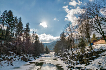 Winter Prut River with Probiy waterfall in Yaremche, Carpatians, Ukraine.