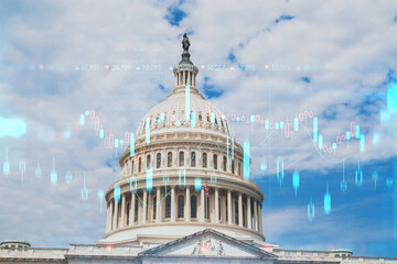 Fototapeta na wymiar Capitol dome building exterior, Washington DC, USA. Home of Congress, Capitol Hill. American political system. Forex graph hologram. The concept of internet trading, brokerage and fundamental analysis