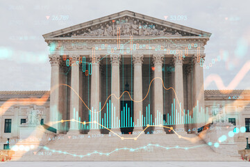 Front view of the iconic building of United States Supreme Court at day time, Washington DC, USA. Judicial branch. Forex candlestick graph hologram. Concept of internet trading, brokerage, analysis