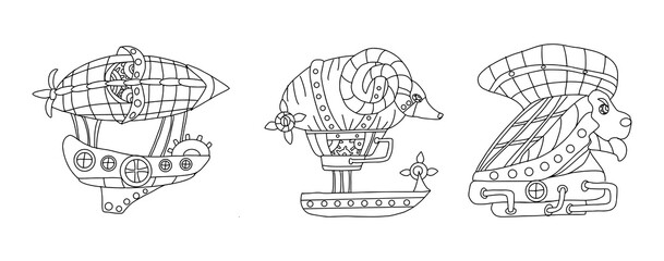 Fire signs Aries, Leo, Sagittarius. Zodiac signs in the form of airship icons in steampunk style. Zodiac set of astrological elements in steampunk style, hand-drawn in linear doodle style.