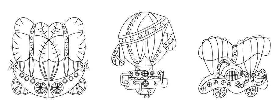 Air signs Gemini, Libra, Aquarius. Zodiac signs in the form of airship icons in steampunk style. Zodiac set of astrological elements in steampunk style, hand-drawn in linear doodle style.
