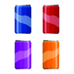 Soda in colored aluminum cans set icons isolated on white background. Soft drinks sign. Carbonated non-alcoholic water with different flavors. Drinks in colored packaging. Vector illustration
