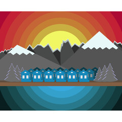 City, mountains, sunset, nature, vector