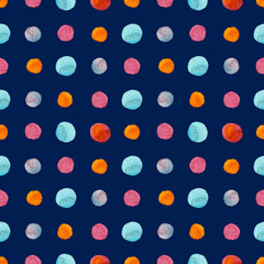 Seamless pattern bright colorful dots painted in watercolor on a dark blue background. For fabric, sketchbook, wallpaper, wrapping paper.