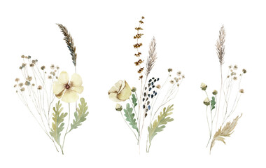 Naklejka premium Wildflowers, herbs boho border painted in watercolor. Dried pampas grass floral bouquet, frame. Botanical boho elements isolated on white. Wedding invitation, greeting, card, print, scrapbooking