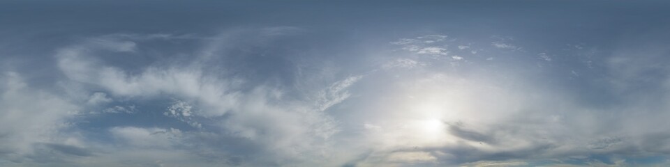 Bright sunset sky panorama with Cirrus clouds. Hdr seamless spherical equirectangular 360 panorama. Sky dome or zenith for 3D visualization, game and sky replacement for aerial drone 360 panoramas.