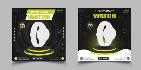 Smart watch social media post. Limited time offer smart watch mega sale. Wrist Watch sale discount template, Smart watch product post.