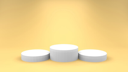 3d illustration. The three white podium shelf with yellow summer background.