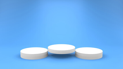 3d illustration. The three white podium shelf with blue summer background.