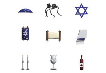 3D Jewish symbols set, Kippah, Tefillin, Star of David, Torah scroll, Tallit, Shabbat candles, Kiddush cup, wine bottle illustrations 