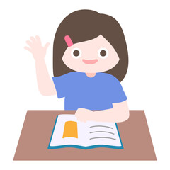Cartoon cute little girl reading book and raising her hand for questions in classroom. Child back to school series. Isolated on white background, vector, illustration, EPS10