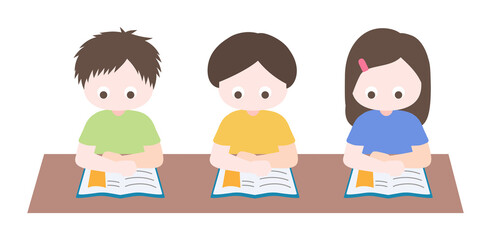 Cartoon cute little children set, focus on reading book in classroom. Child back to school series. Isolated on white background, vector, illustration, EPS10