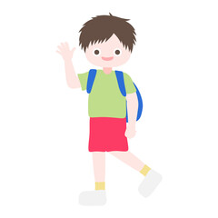 Cartoon cute little boy walking and wave his hand to his friends. Child back to school series. Isolated on white background, vector, illustration, EPS10