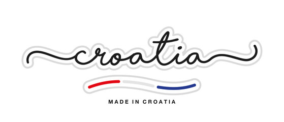 Made in Croatia, new modern handwritten typography calligraphic logo sticker, abstract Croatia flag ribbon banner - obrazy, fototapety, plakaty
