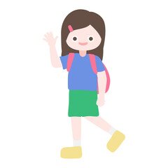 Cartoon cute little girl walking and wave her hand to her friends. Child back to school series. Isolated on white background, vector, illustration, EPS10