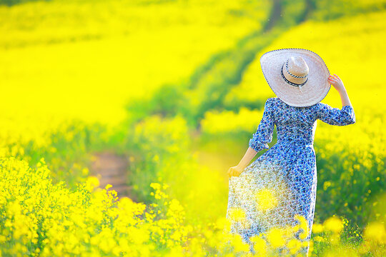 spring nature young girl in a field of flowers, freedom and happiness of a lady in a sunny landscape
