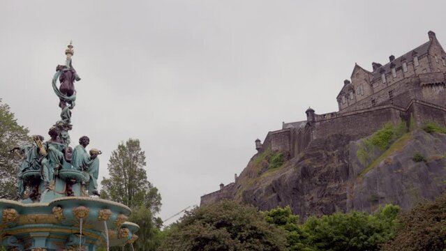 Edinburgh Scotland: 9th June 2022: the Ross Fountain in Princes Street Gardens with Edinburgh castle in background