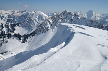 Obraz premium Winter in Karwendel mountains, view from the top of the Schönalmjoch, Alps, Tirol, Austria
