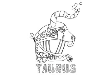 Steampunk-style airship in the form of a taurus. Illustration with lettering of the zodiac sign taurus in steampunk style, drawn in a linear doodle style. For a calendar or coloring book.