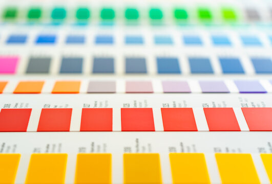 Vibrant colors swatches - adhesive film - with colour names and codes, closeup shallow depth of field detail