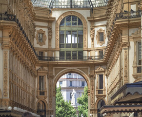view on statue of Leonardo da Vinci and Vittorio Emanuele Gallery Milan - Italy