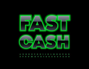 Vector bright Banner Fast Cash. Greeen and Black Neon Font. Glowing Alphabet Letters and Numbers set