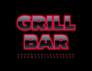 Vector Neon poster Grill Bar. Red and Black bright Font. Modern creative Alphabet Letters and Numbers set