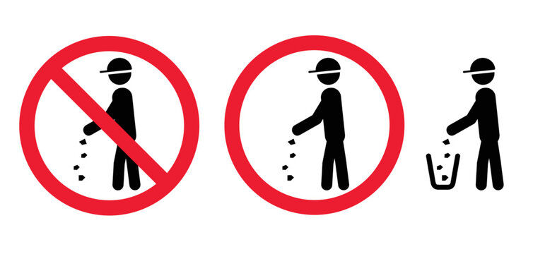 Stop, do not littering. Cartoon drawing stickman, stick figures man with litter basket or litterbin. Clean up and trashcan. Cleaning tools. Vector container logo or pictogram. 