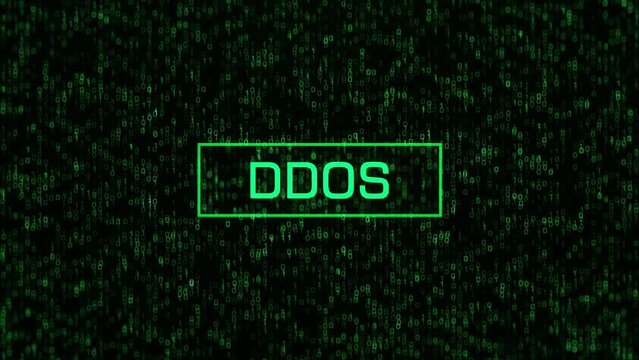 DDOS Error Over Computer Binary Background. DDOS Warning with Binary Code and Matrix Background