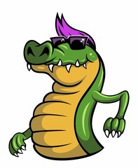 Naklejka premium Cartoon style crocodile character, alligator with the purple haircut and sunglasses. Isolated on white background.