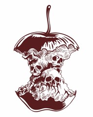 Apple core, stub vector image with the human sculls. Isolated on white background.