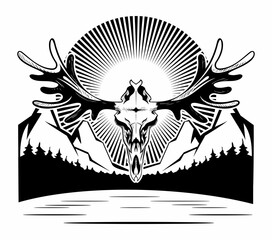Vector ell skull image with a lake, forest and mountains on background.